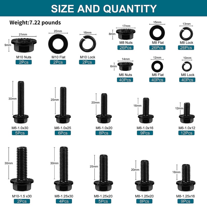 SATANTECH 272Pcs Flange Hex Bolts and Nuts Kit,M6 Bolt,M8 x1.25 Bolts,M10-1.5, Metric Bolt Assortment,Alloy Steel Class 10.9 Black Zinc Plated,Full Coarse Thread (12mm to 30mm) - Image 3